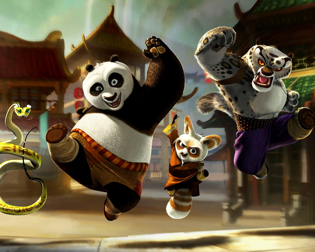Hintergrund : Kuscheltiere ausgestellt (Szene aus computeranimiertem Film "Kung Fu Panda") 1280x1024