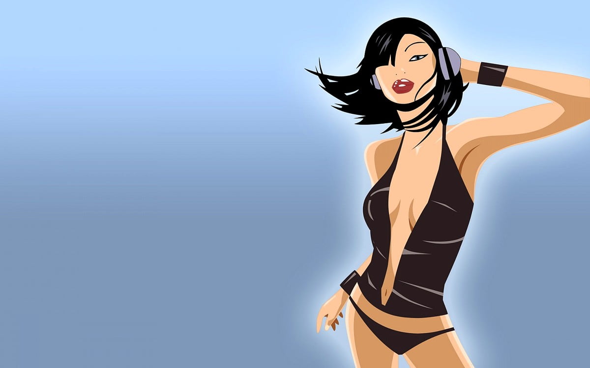 Disco druckt, Cartoons, Bikini, Anime, schwarzes Haar — kostenlose HD Hintergrundbild